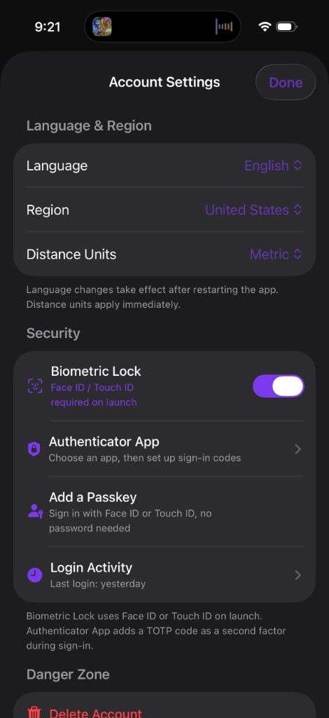 Account settings with biometric lock