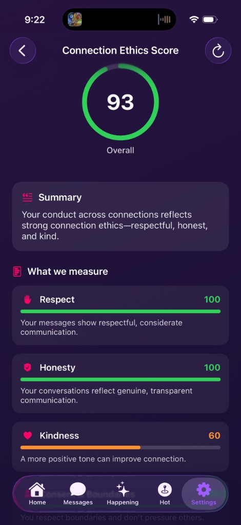 Connection ethics score for respect, honesty, and kindness