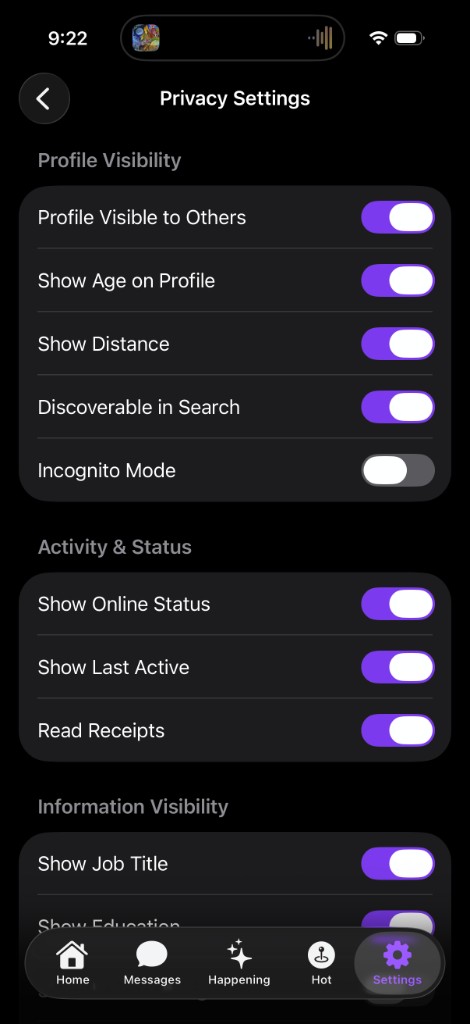 Privacy settings for profile visibility