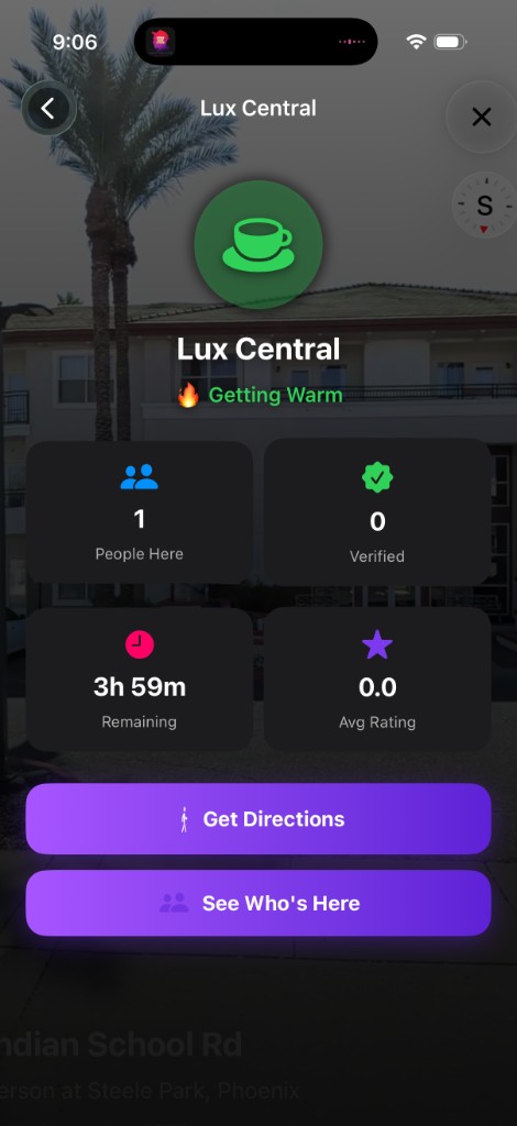 Venue card with directions and who is here