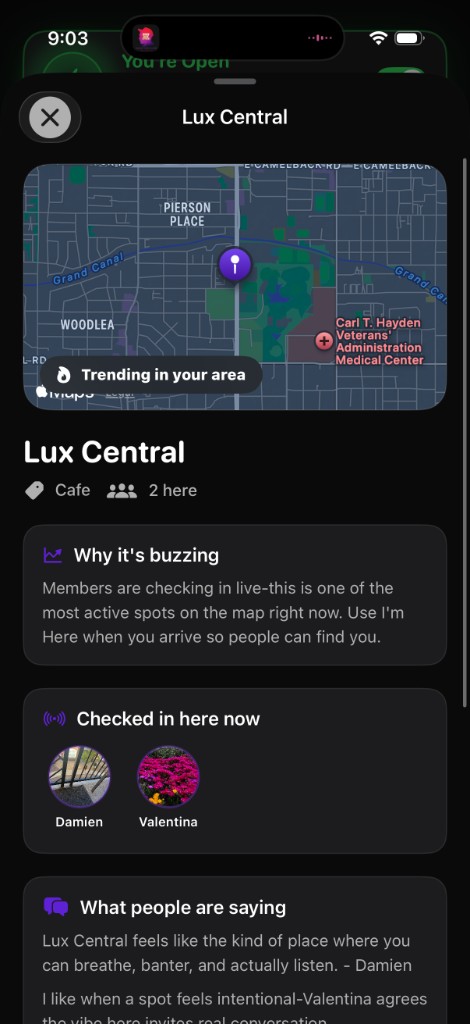Venue page with a map and people checked in